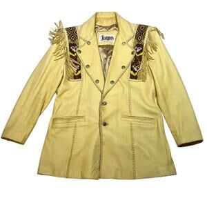 Vintage Diamond Leathers Fringe Western Jacket Cream Mustard Beaded Coat Large